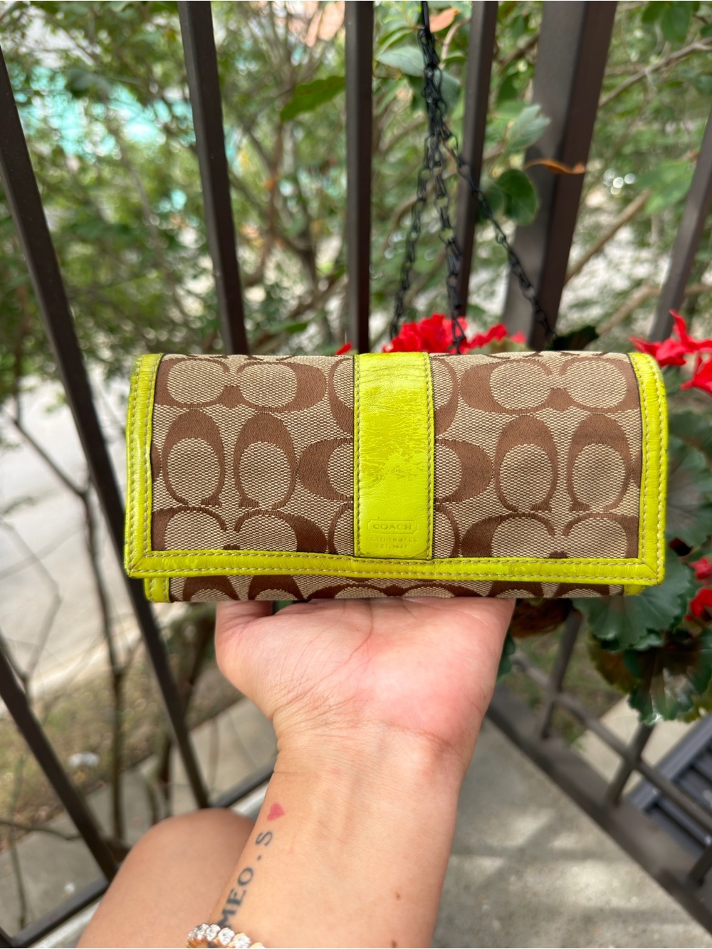 Coach Signature Canvas Wallet with Lime Trim